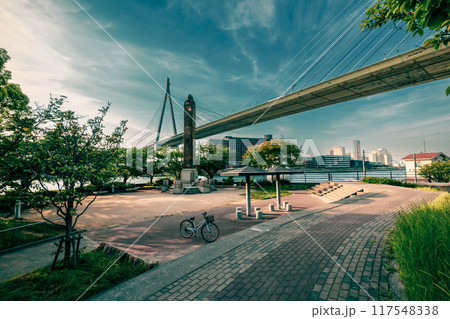 夕暮れの天保山公園と阪神高速湾岸線、5月17日、日本 117548338