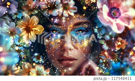A woman with a face painted in flowers and stars, AI 117548411