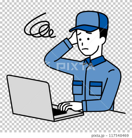 一個穿著工作服在筆記型電腦上工作的男人很困惑 一個穿著工作服在筆記型電腦上工作的男人很困惑 117548469