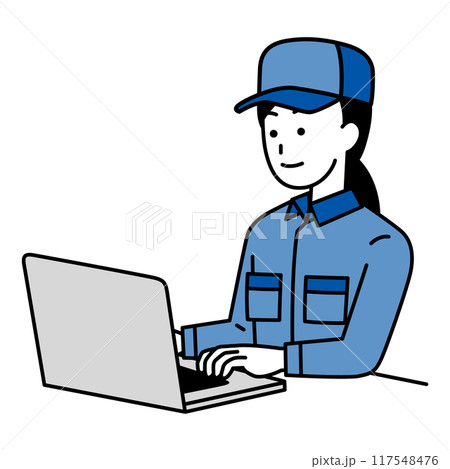 ノートパソコンで仕事をしているつなぎ作業服の女性 117548476