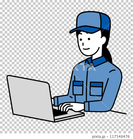 ノートパソコンで仕事をしているつなぎ作業服の女性 117548476