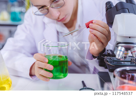 Scientist or pharmacist work in scientific lab. Medical Development Laboratory. Scientist or pharmacist work in scientific lab. Medical Development Laboratory. 117548537