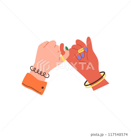 Multinational couple hold hands, holding pinkies gesture, vector cartoon romantic human arm with painted nails, rings Multinational couple hold hands, holding pinkies gesture, vector cartoon romantic human arm with painted nails, rings 117548574