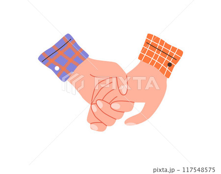Handshake, couple hold hands with check shirt sleeve, partnership human arm gesture vector icon, love or friendship sign Handshake, couple hold hands with check shirt sleeve, partnership human arm gesture vector icon, love or friendship sign 117548575