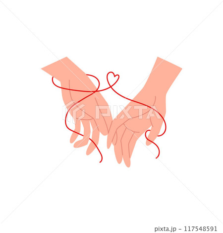 Vector illustration of hands intertwined with a red thread of fate. 117548591