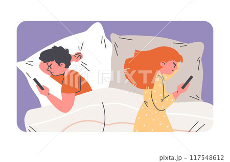 Angry young couple lying apart in the bed using smartphones, intimate problem, conflict relationship vector in frame Angry young couple lying apart in the bed using smartphones, intimate problem, conflict relationship vector in frame 117548612