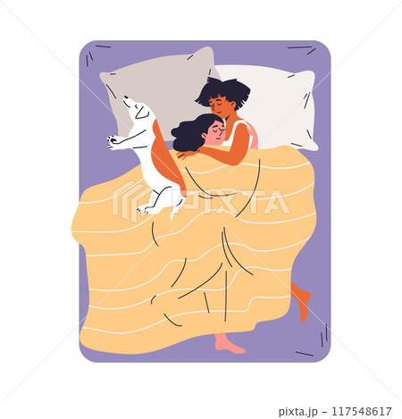 Young female lesbian couple hugging under blanket lying on the bed with dog, vector relaxation time together with pet 117548617