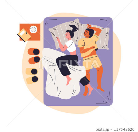 Young couple in pajamas sleeping on the bed, rest and relaxation time together vector flat, love relationship 117548620