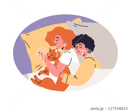 Couple cuddling with cat on bed in isolated round frame. 117548625