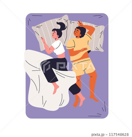 Young couple in pajamas sleeping on the bed, rest and relaxation time together vector flat, love relationship 117548628