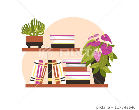 Wooden shelf with flowers in pots, Macrame style interior decoration, vector beautiful blossom anthurium and succulent 117548646