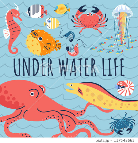 Under water life poster, tropical ocean or sea fauna, marine wildlife, octopus, sea crab, crab other underwater animals Under water life poster, tropical ocean or sea fauna, marine wildlife, octopus, sea crab, crab other underwater animals 117548663