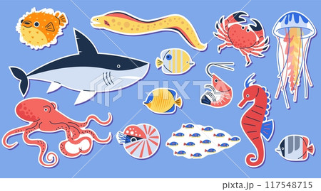 Set of bright vector images with jellyfish, crab, shark, seahorse, octopus and colorful fish swimming Set of bright vector images with jellyfish, crab, shark, seahorse, octopus and colorful fish swimming 117548715