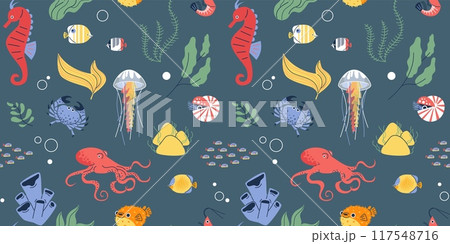 Marine wildlife vector seamless pattern, underwater animals, algae and corals, tropical ocean or sea fauna and fauna 117548716