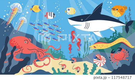 Underwater fauna with sea inhabitants. Vector illustration in flat style. Underwater fauna with sea inhabitants. Vector illustration in flat style. 117548717