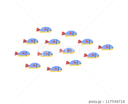 Small fishes group swimming, vector flat colorful fishes marine wildlife, tropical ocean or sea fauna, underwater animal 117548718