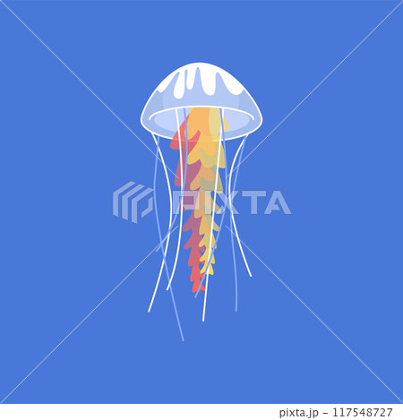 Vector illustration of a beautiful transparent jellyfish with yellow tentacles floating in a blue ocean 117548727