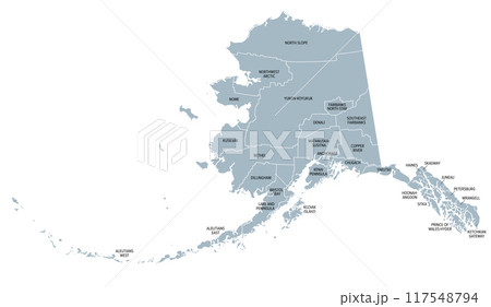 Alaska, U.S. state, gray political map, subdivided into 19 organized boroughs and 11 census areas. State on the northwest extremity of North America in the Western United States region. Last Frontier. Alaska, U.S. state, gray political map, subdivided into 19 organized boroughs and 11 census areas. State on the northwest extremity of North America in the Western United States region. Last Frontier. 117548794