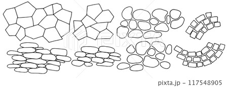 set of textures of stone paving, walls. linear drawing in doodle style. set of textures of stone paving, walls. linear drawing in doodle style. 117548905