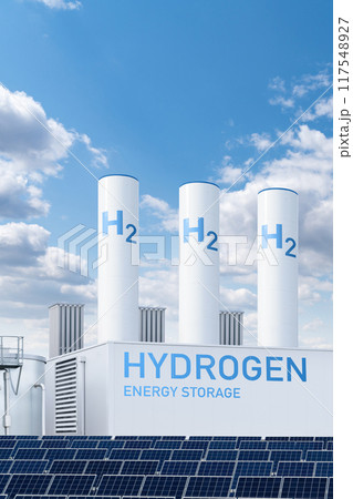 Hydrogen factory with energy storage concept. Green hydrogen production from renewable energy sources. 117548927