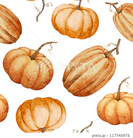 Watercolor seamless pattern orange pumpkins on isolated background. Illustration with autumn Gourd for wrapping paper or textile design. Fall ornament for harvest decor. Vegetable backdrop. 117548978