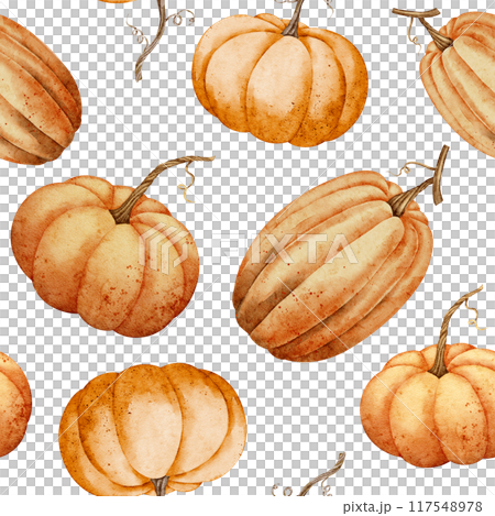 Watercolor seamless pattern orange pumpkins on isolated background. Illustration with autumn Gourd for wrapping paper or textile design. Fall ornament for harvest decor. Vegetable backdrop. 117548978