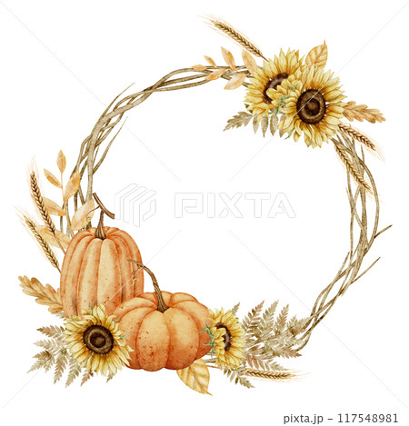 Autumn watercolor wreath with Pumpkins and Sunflowers. Drawing of fall frame with flowers, leaves and branches for harvest festival template. Circular border for Oktoberfest or Halloween cards. Autumn watercolor wreath with Pumpkins and Sunflowers. Drawing of fall frame with flowers, leaves and branches for harvest festival template. Circular border for Oktoberfest or Halloween cards. 117548981
