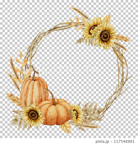 Autumn watercolor wreath with Pumpkins and Sunflowers. Drawing of fall frame with flowers, leaves and branches for harvest festival template. Circular border for Oktoberfest or Halloween cards. Autumn watercolor wreath with Pumpkins and Sunflowers. Drawing of fall frame with flowers, leaves and branches for harvest festival template. Circular border for Oktoberfest or Halloween cards. 117548981