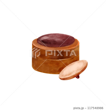 Vintage powder compact with powder puff, gold powder hand painted with watercolor in retro style. Vintage cosmetics for packaging, design 117548986