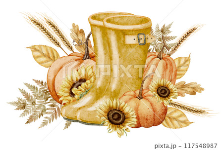 Watercolor autumn illustration with Pumpkins. Sunflowers and yellow rubber boots. Drawing with fall orange leaves and wheats for harvest festival greeting cards or invitations. Rustic painting. 117548987