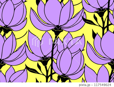 simple contour seamless pattern of purple magnolias on a yellow background, texture 117549024