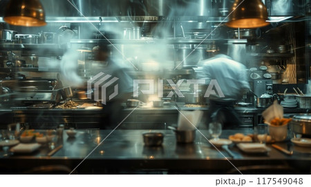 Blurred kitchen restaurant with people working behind glass wall, Chef and sous chef , generated AI Blurred kitchen restaurant with people working behind glass wall, Chef and sous chef , generated AI 117549048