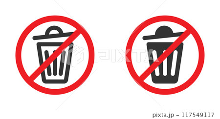 Vector illustration of no trash icons with a red circle and slash in black and white. Vector illustration of no trash icons with a red circle and slash in black and white. 117549117