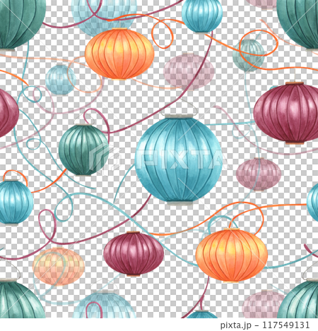 Vibrant seamless pattern of paper lamps. Intertwining ribbons and floating Chinese lantern watercolor illustration. Asian traditional Festival of lights. Ornate for festive designs and celebrations Vibrant seamless pattern of paper lamps. Intertwining ribbons and floating Chinese lantern watercolor illustration. Asian traditional Festival of lights. Ornate for festive designs and celebrations 117549131
