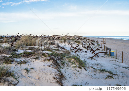 Rusty old anchors on the beach at the Anchor Cemetary graveyard at Praia do Barril beach in Tavira, Algarve, Portugal 117549606