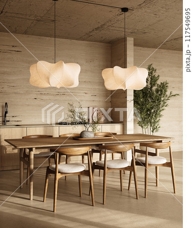 Minimalist kitchen dining area with natural wood and elegant lighting, 3d rendering Minimalist kitchen dining area with natural wood and elegant lighting, 3d rendering 117549695