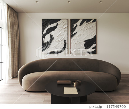 Modern minimalist living room with stylish lighting and comfortable sofa, creating chic atmosphere, 3d rendering 117549700
