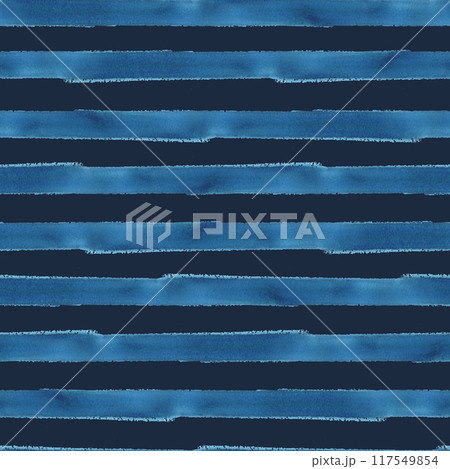 Blue turquoise stripes brush strokes. Nautical watercolor illustration hand drawn in childish abstract style. Seamless pattern on dark blue background 117549854