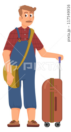 Middle age man with suitcase. Cartoon traveler character 117549916