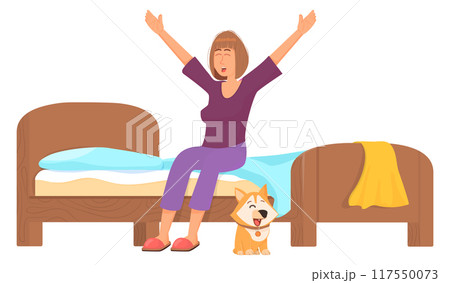 Woman wake up and stretching in bed. Cozy home morning Woman wake up and stretching in bed. Cozy home morning 117550073