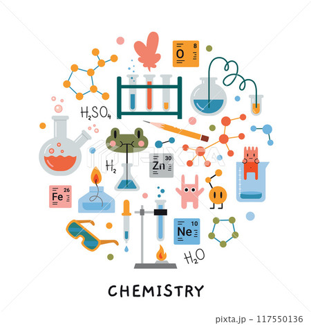Chemistry lesson at school. Round composition with Laboratory equipment, Test tube, chemical lab stuff and cute characters. Education concept. Vector illustration isolated on white, hand drawn, flat Chemistry lesson at school. Round composition with Laboratory equipment, Test tube, chemical lab stuff and cute characters. Education concept. Vector illustration isolated on white, hand drawn, flat 117550136