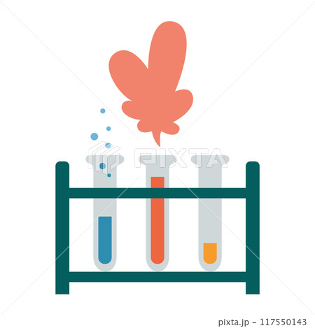 3 lab test tubes in a stand with different colors of liquids and reactions, equipment for chemistry experiments. Scientific research. Vector illustration isolated on white, hand drawn, flat design 117550143
