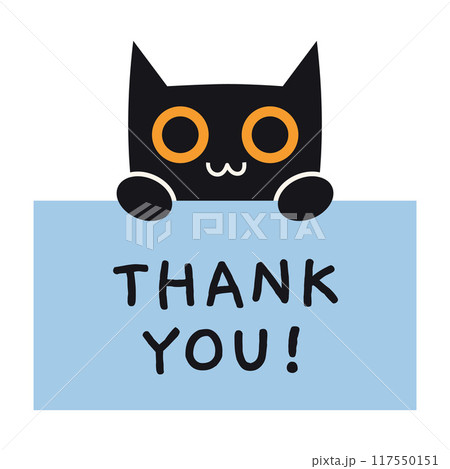 Cute black cat holds a sign in his paws, space for text, banner with the inscription Thank you. Vector illustration isolated on white, hand drawn, flat design 117550151