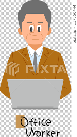 A middle-aged man in a suit doing desk work facing forward 117550444