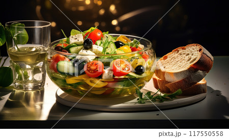 Seasonal summer vegetable salad in a glass bowl on a dark background. Vegan organic food, dietary meal in a rustic style. Seasonal summer vegetable salad in a glass bowl on a dark background. Vegan organic food, dietary meal in a rustic style. 117550558
