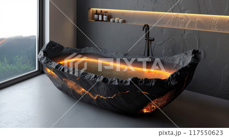 Bathtub made of volcanic material with lava veins 117550623