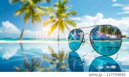 mirrored sunglasses on the beach mirrored sunglasses on the beach 117550685