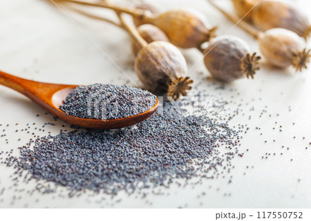Dry poppy head and poppy seed in spoon on kitchen table. 117550752