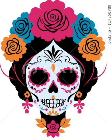 Catrina head. Woman sugar skull. Mexican Day of the Dead. Vector isolated illustration 117550789