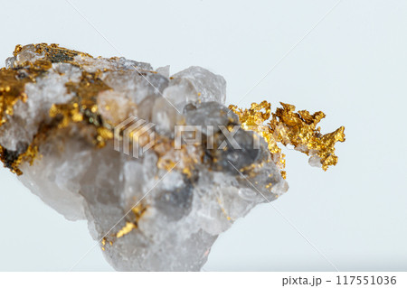macro mineral stone metal gold in quartz on a white background 117551036